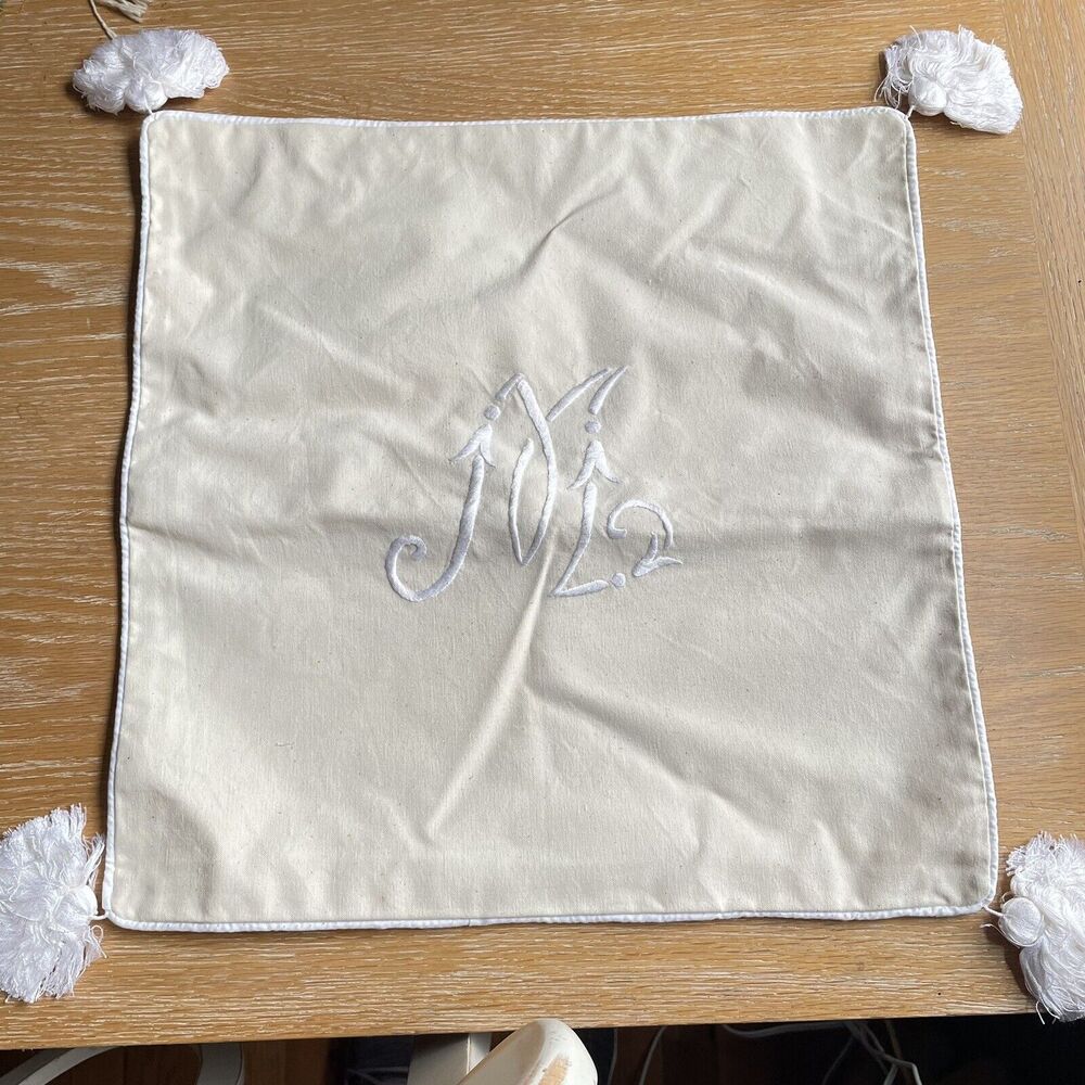 Le Blanc NEW Hand Made Embroidered Pillow Cover‎ Initial M Cream Tassels 16"x16"